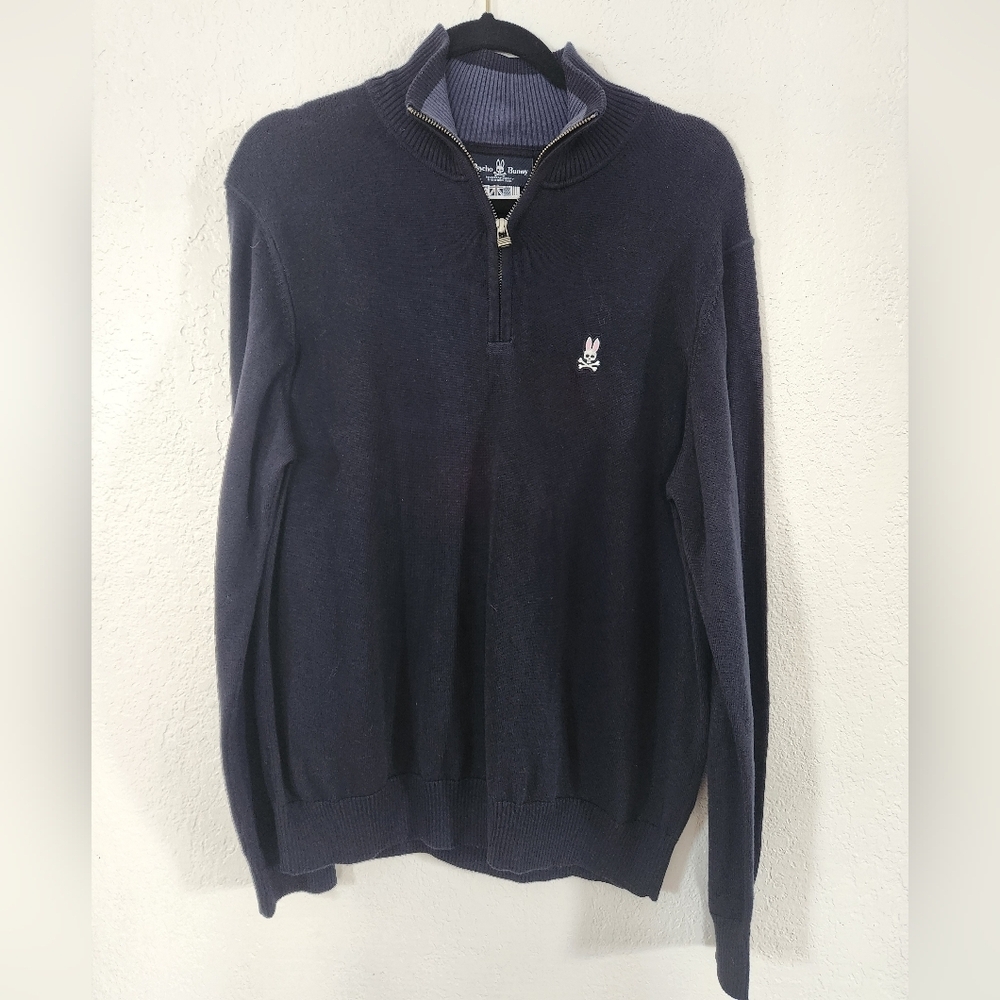 Psycho Bunny Navy Zip-Up Sweater 100% Cotton Size M Preppy Beach
